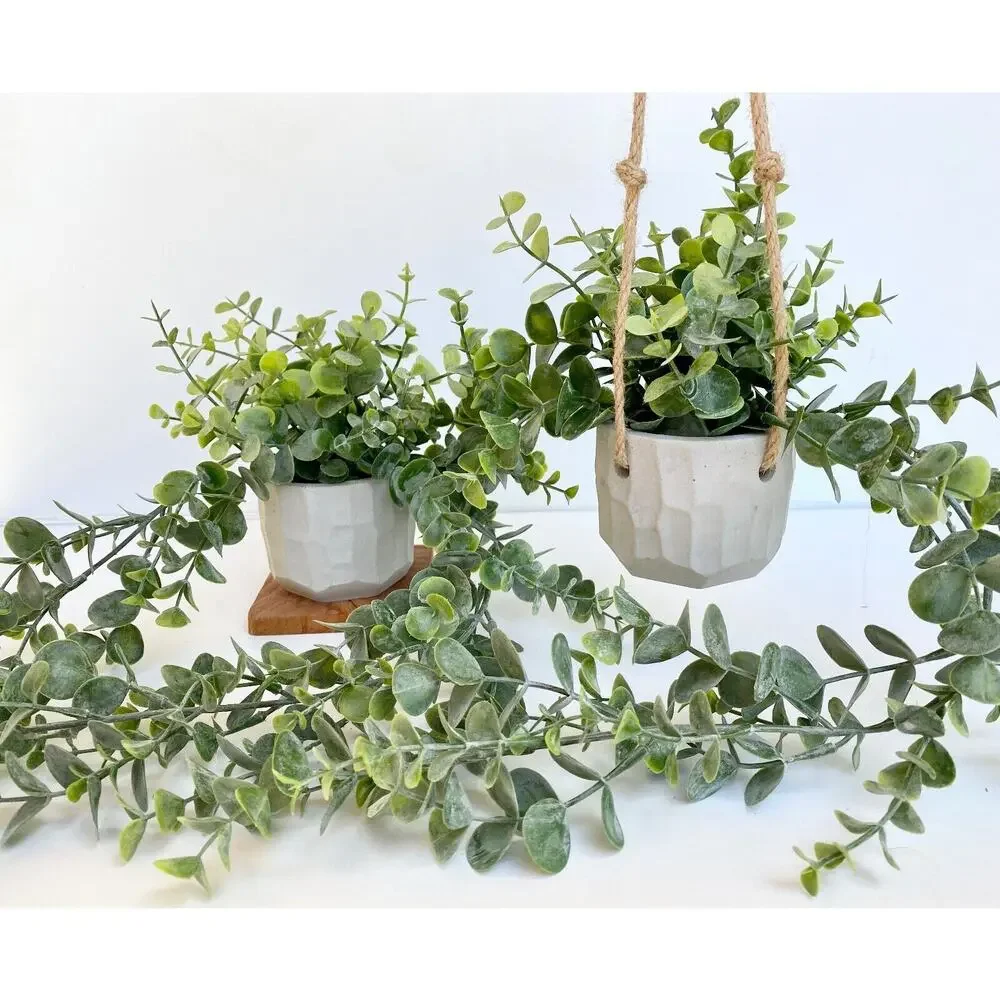 2x Hanging Faux Eucalyptus Plant in Handmade Concrete Pot - Picture 3 of 8